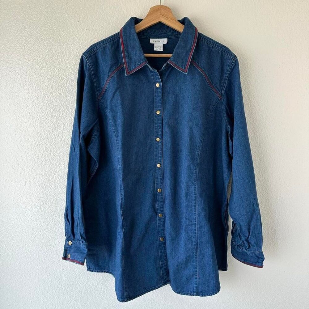 Vintage 100% Cotton Western Denim Shirt Women’s 18/20 Red Contrast Stitch Snap